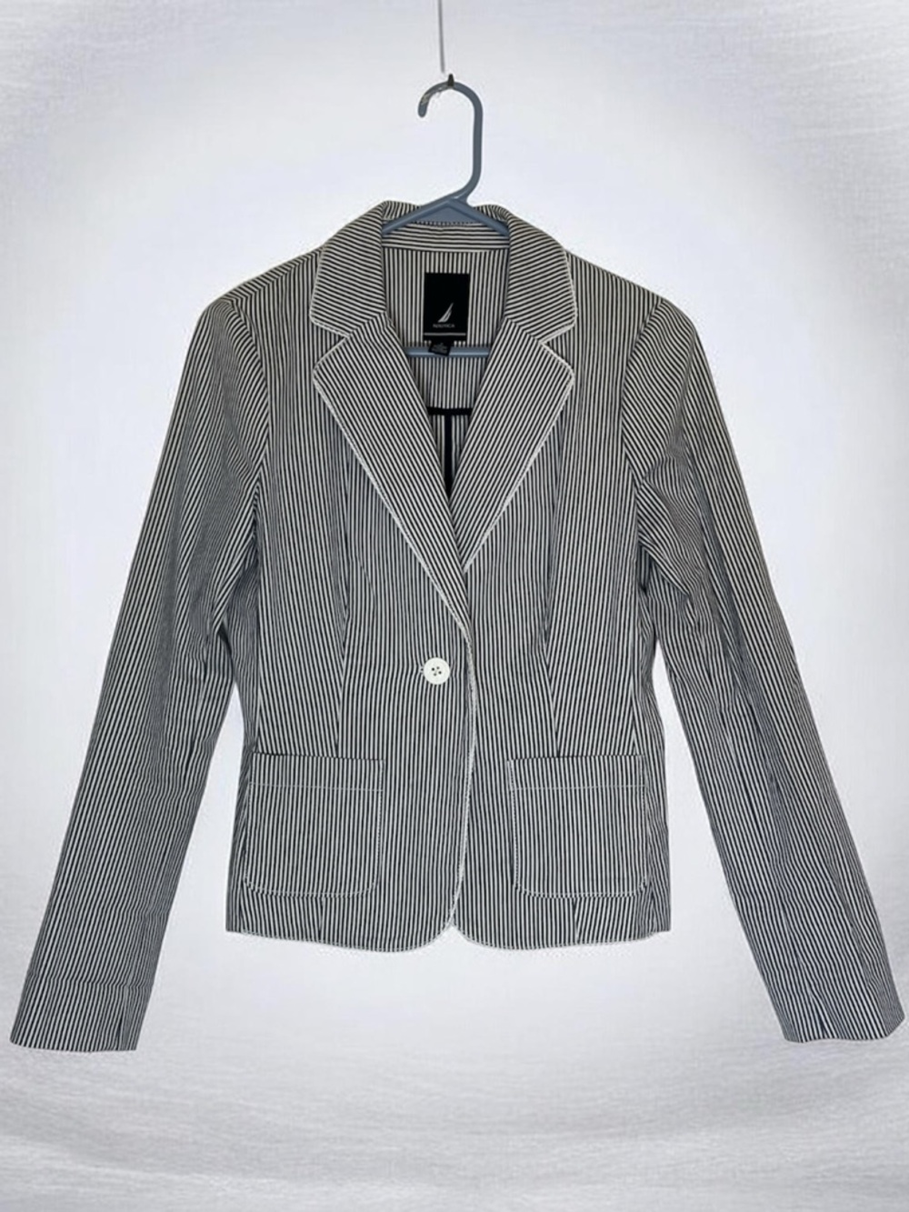 Nautica Women's Navy & White Pinstripe Single-Button Blazer